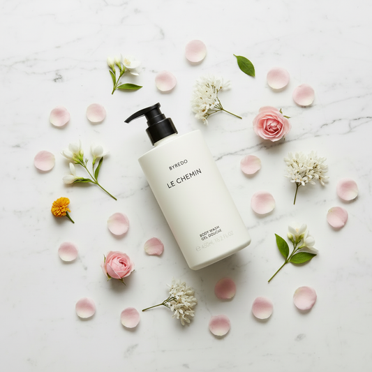 Byredo Le Chemin Body Wash luxury flat lay with scattered rose petals jasmine on white marble - premium shower gel