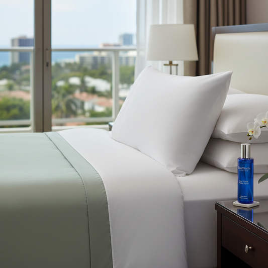 Envirosleep Dream Surrender Pillow on soft sage green hotel sheets - down alternative luxury