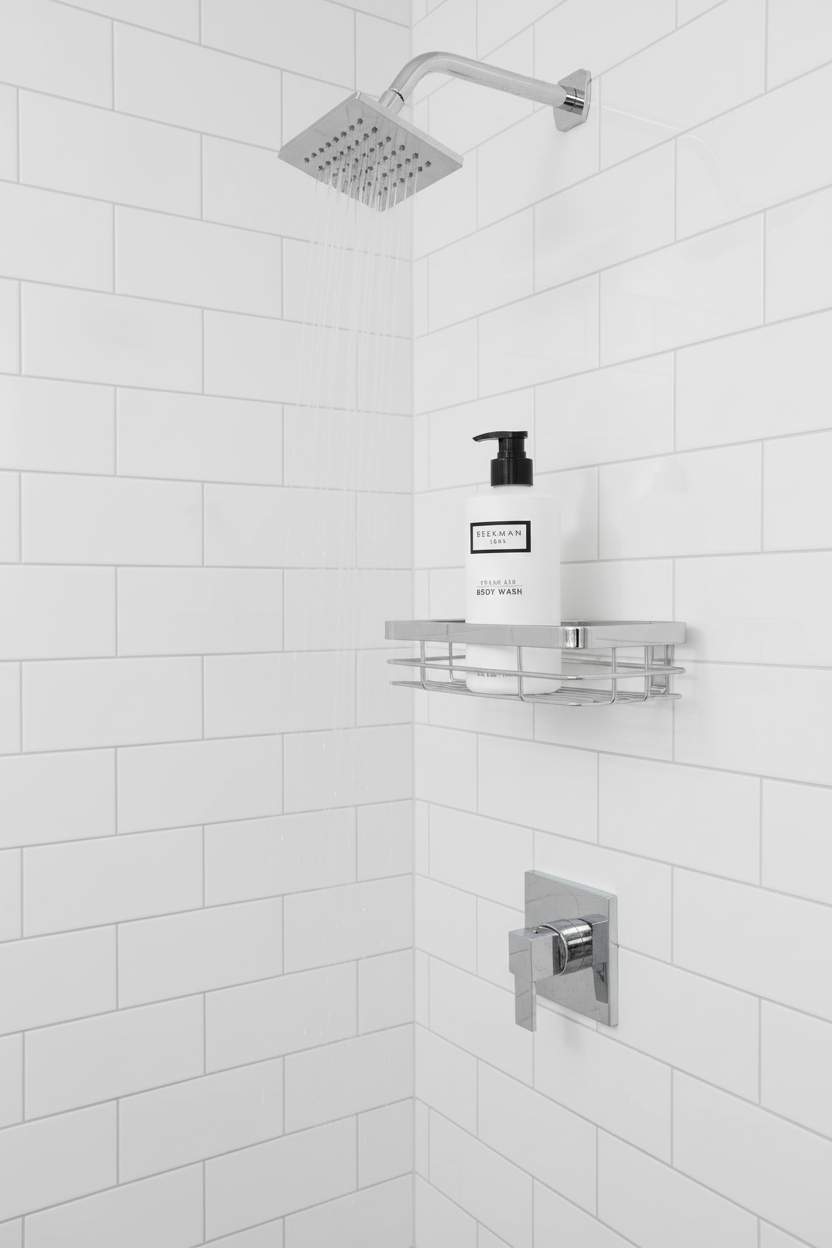 Beekman 1802 Fresh Air Body Wash white bottle in modern shower caddy white tiles chrome fixtures - premium goat milk body wash