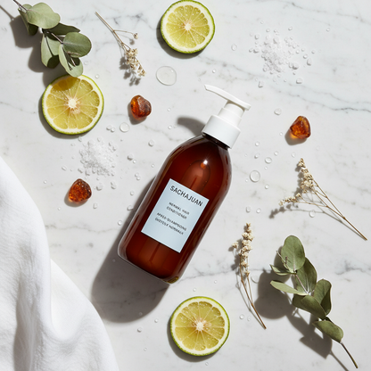 Sachajuan Hair Repair Conditioner flat lay with bergamot and botanicals on white marble