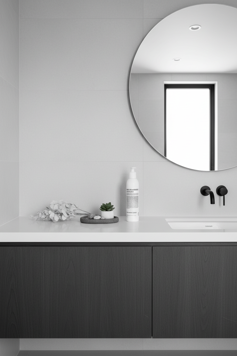 Malin+Goetz Peppermint Conditioner on modern bathroom vanity white countertop - New York apothecary style