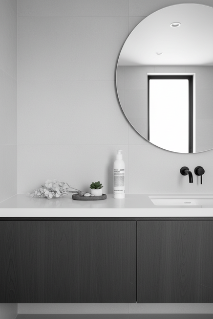 Malin+Goetz Peppermint Conditioner on modern bathroom vanity white countertop - New York apothecary style