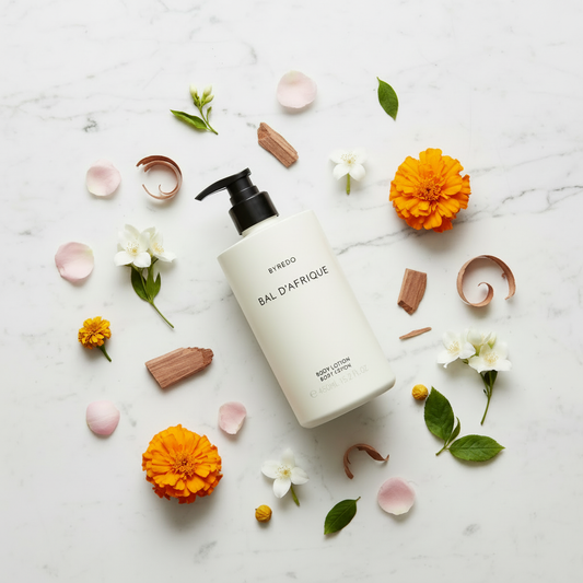 Byredo Bal D'Afrique Body Lotion luxury flat lay with African marigold flowers botanicals on white marble - premium moisturizer