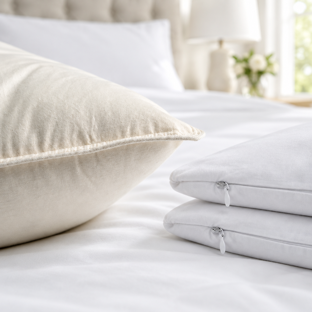 Close-up of the cream cotton ticking cover, double stitching, and piping on a Down Etc Aqua Plush firm pillow, with Down Etc pillow protectors folded nearby