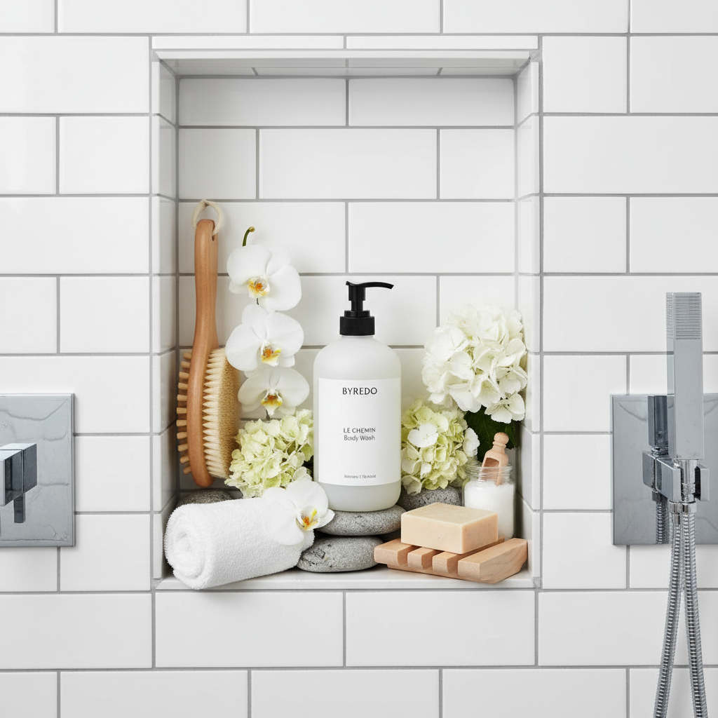 Byredo Le Chemin Body Wash overhead shot in shower niche white tiles chrome fixtures - premium cleansing gel