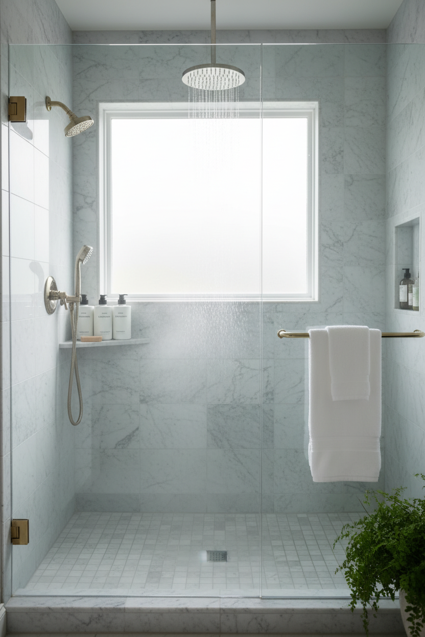 Byredo Le Chemin Shampoo in ultra-luxury hotel shower white tiles rainfall showerhead - premium cleansing formula