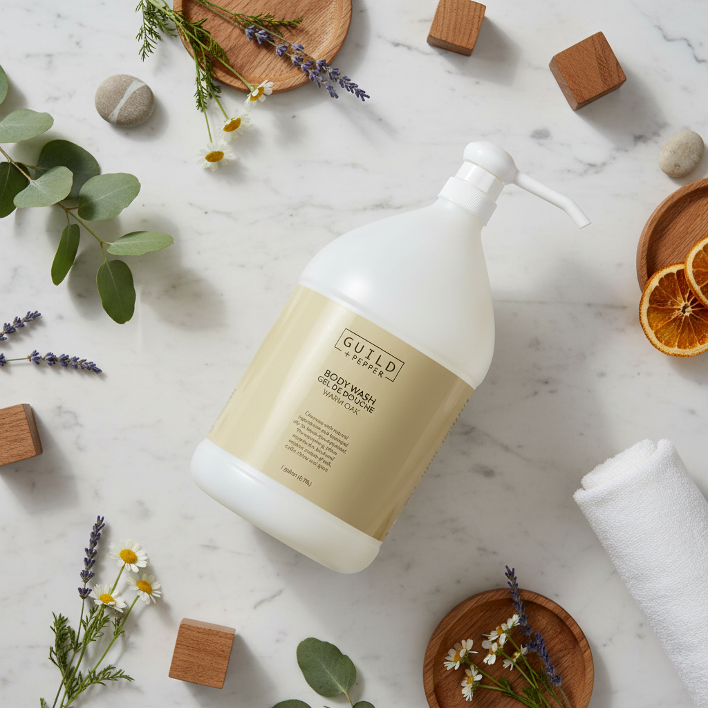 Guild+Pepper Body Wash 1 Gallon - bulk hotel body wash flat lay with warm oak elements