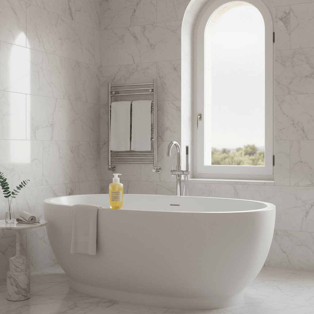 Davines MOMO Shower Gel on luxury soaking tub