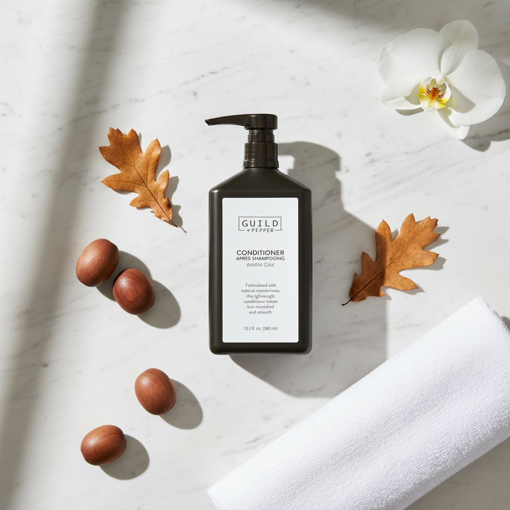 Guild+Pepper Conditioner - luxury flat lay with oak elements on marble