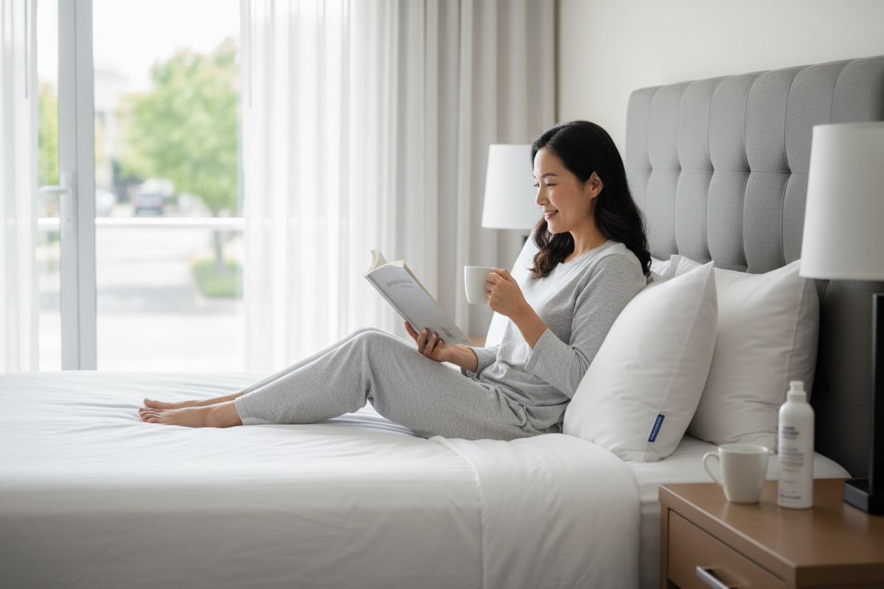 Asian woman enjoying morning coffee Best Western hotel Victoria king pillow firm support comfortable stay