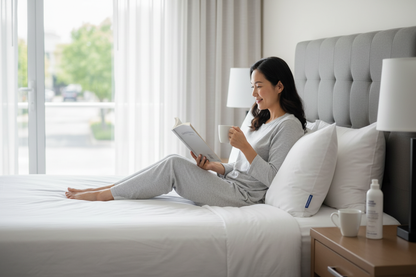 Asian woman enjoying morning coffee Best Western hotel Victoria king pillow firm support comfortable stay