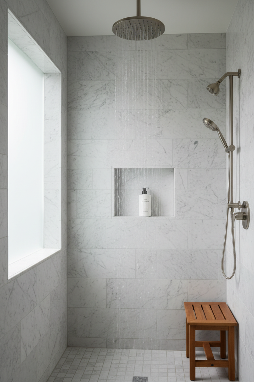 Byredo Le Chemin Conditioner in ultra-luxury hotel shower white tiles rainfall showerhead - premium conditioning formula