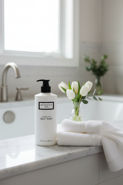 Beekman 1802 Fresh Air Body Wash white frosted bottle on bathtub edge white towels fresh flowers natural light - luxury farm-to-skin body care