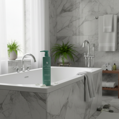 Vida Verde Body Wash on edge of luxury soaking tub with marble bathroom