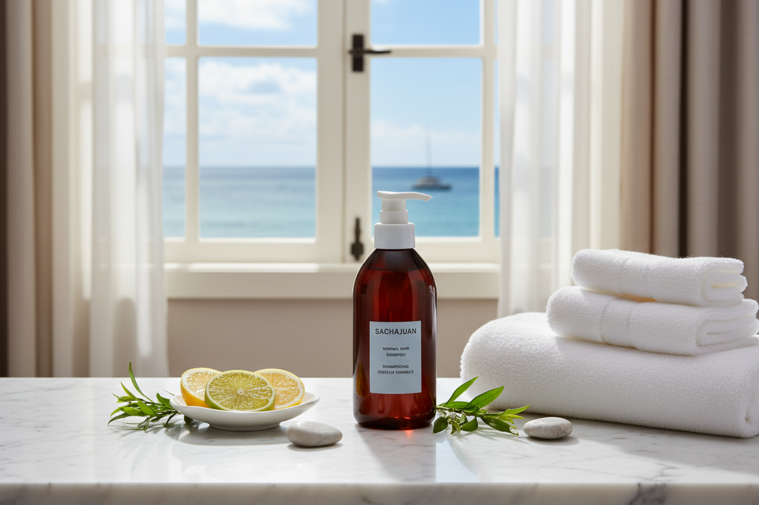 Sachajuan Shampoo flat lay with citrus and botanicals on white marble