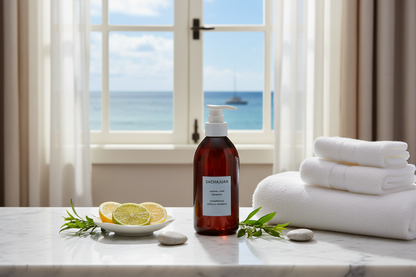 Sachajuan Shampoo on luxury marble bathroom counter with city view