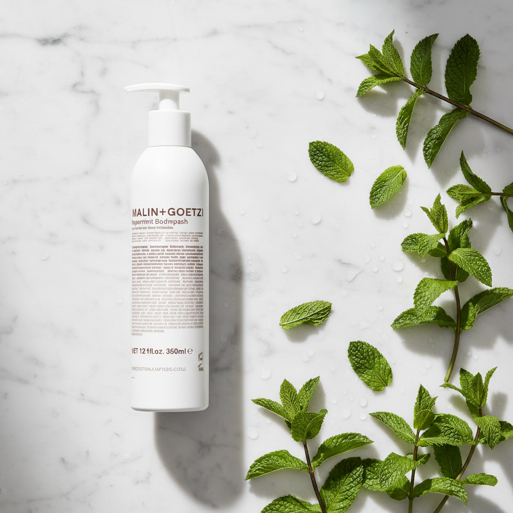 Malin+Goetz Peppermint Body Wash luxury flat lay with peppermint leaves on white marble - clean beauty body wash