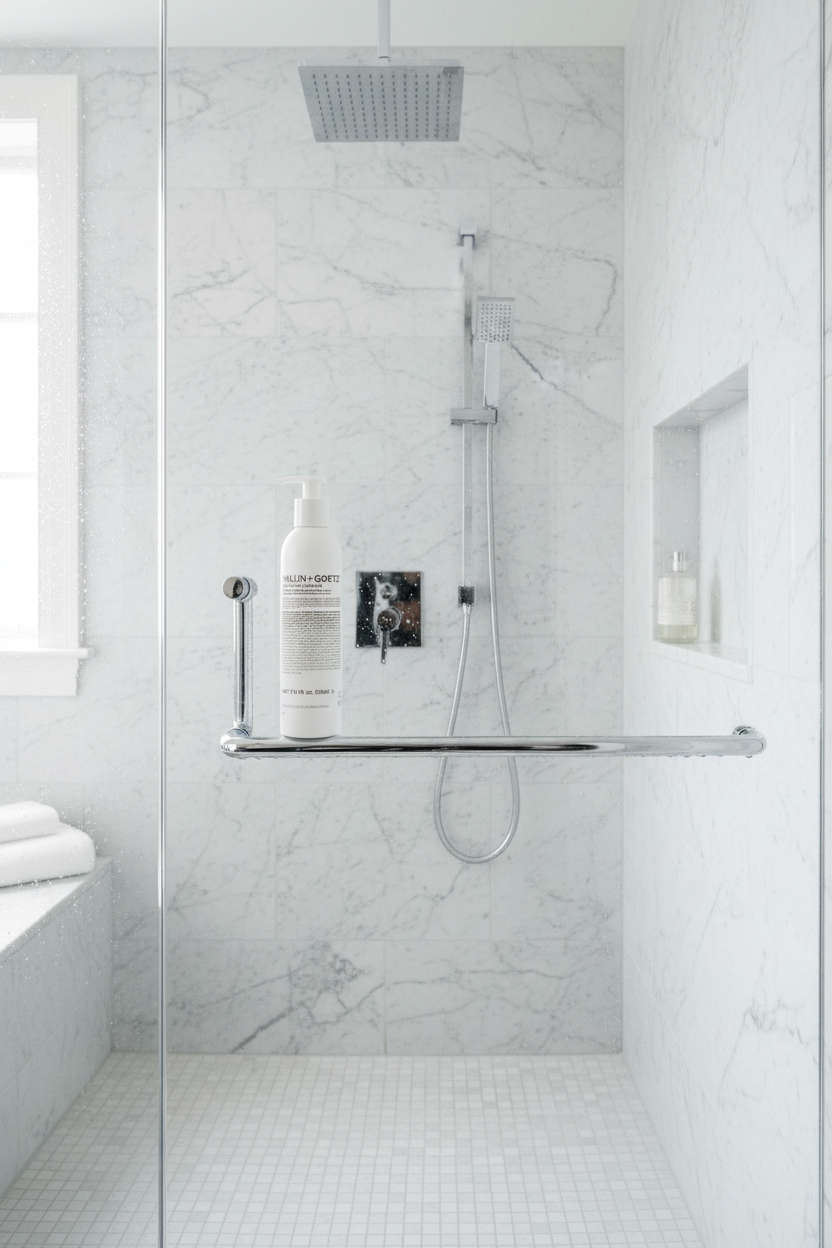 Malin+Goetz Peppermint Shampoo in contemporary shower white tiles chrome fixtures - cooling hair care