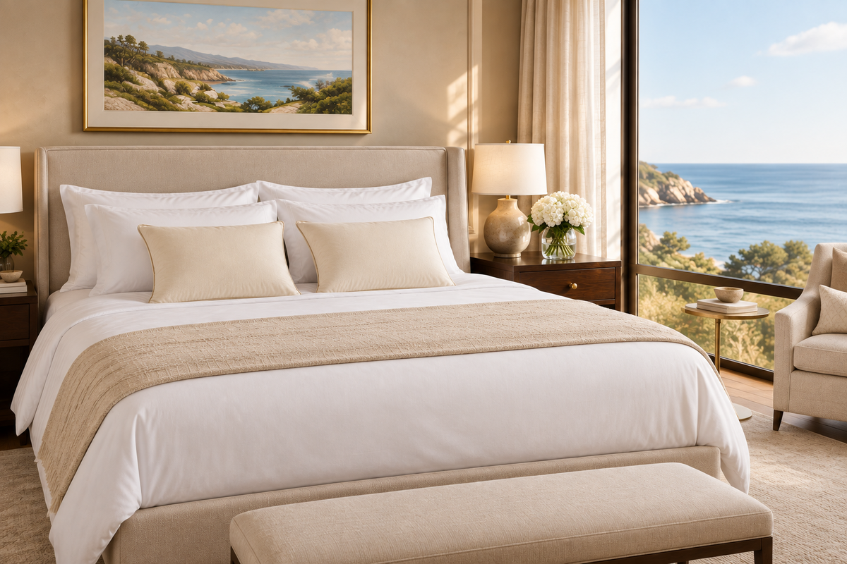 Down Etc Aqua Plush firm pillows styled on a guest room bed in an upscale vacation rental, with Down Etc pillow protectors folded on the nightstand