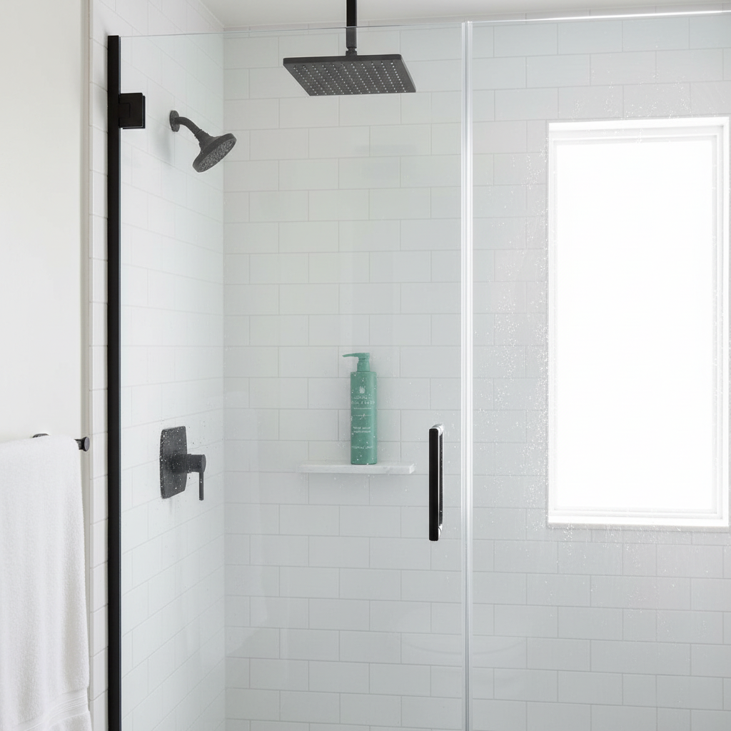 Vida Verde Body Wash in modern luxury shower with rainfall showerhead