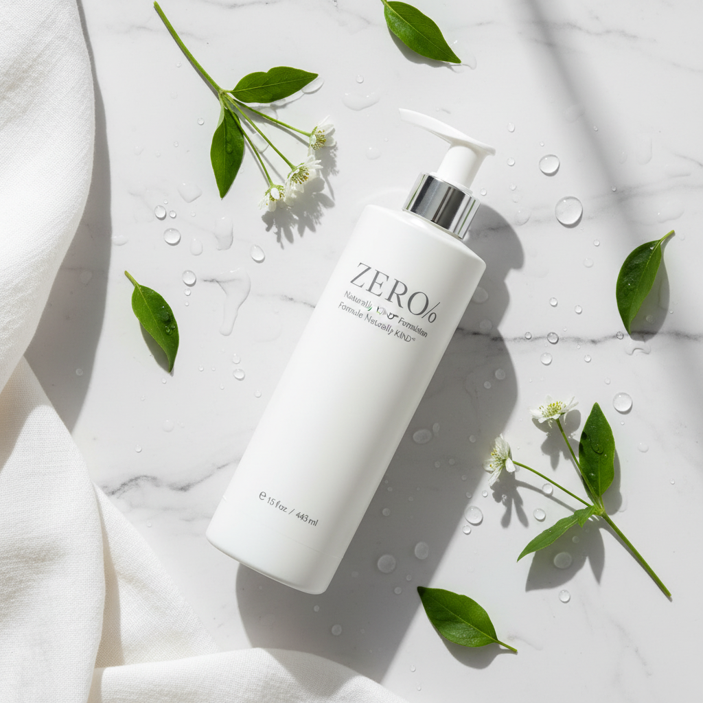 Zero% Naturally Kind Shampoo flat lay with botanicals on white marble