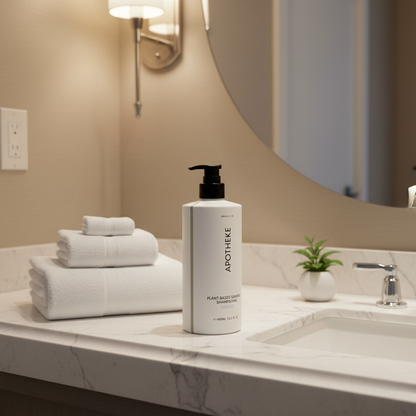 Apotheke Canvas shampoo 480ml in boutique hotel bathroom vanity — luxury hotel amenity shampoo Crowne Plaza Voco IHG vegan Leaping Bunny certified