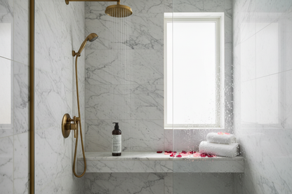Le Labo Rose 31 Shampoo in ultra-luxury hotel walk-in shower with rose petals