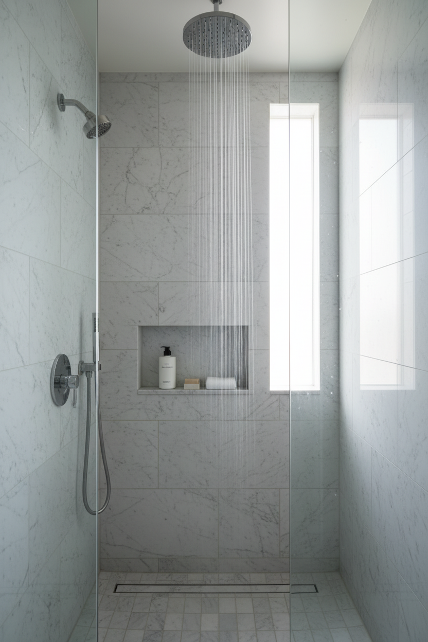 Byredo Bal D'Afrique Shampoo in ultra-luxury hotel shower with white tiles rainfall showerhead - premium cleansing formula