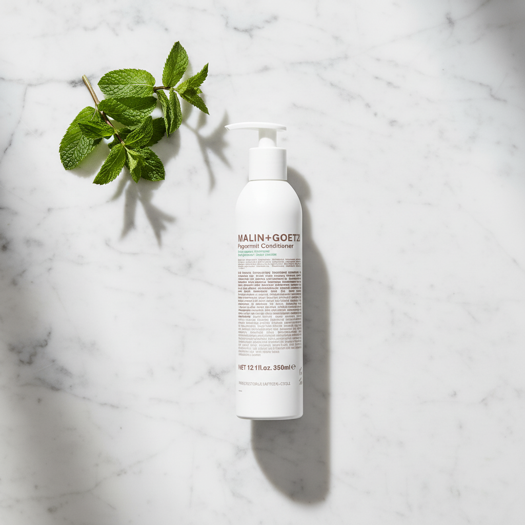 Malin+Goetz Peppermint Conditioner luxury flat lay with peppermint on white marble - clean beauty hair conditioner