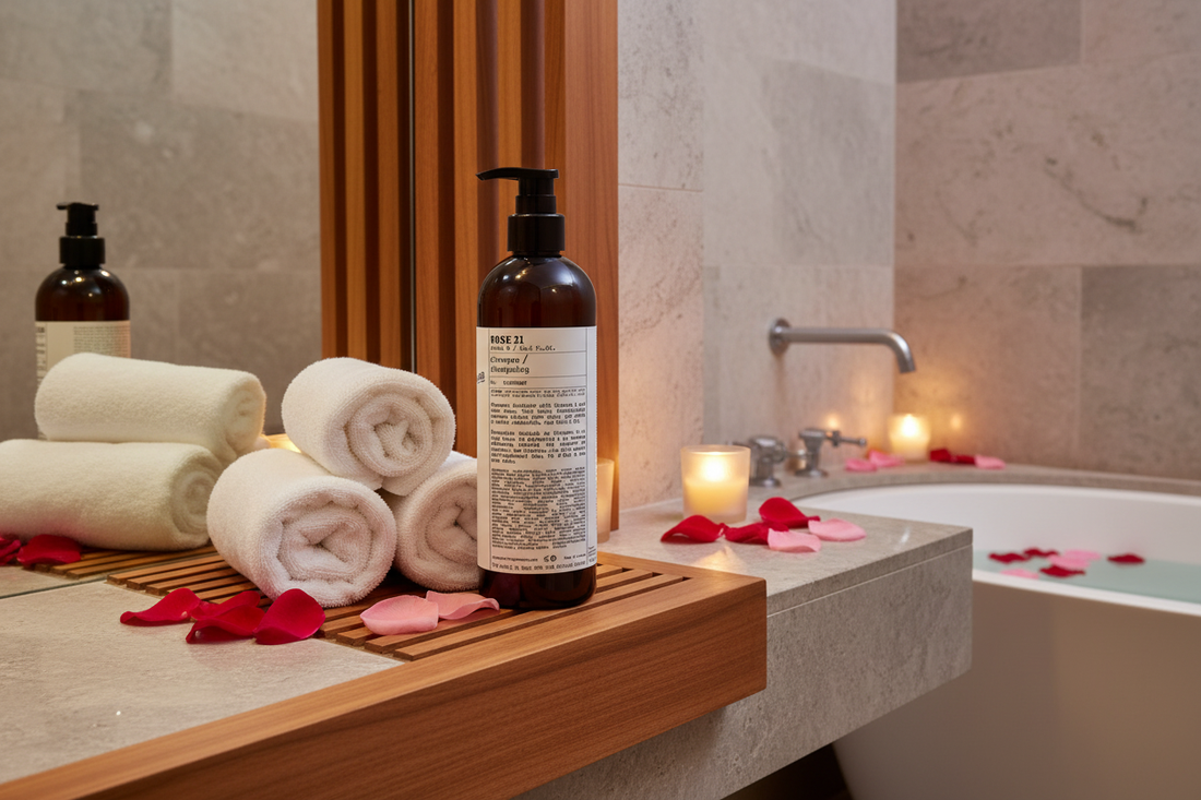 Le Labo Rose 31 Shampoo - circular flat lay with vibrant rose petals, cumin, cedar on marble