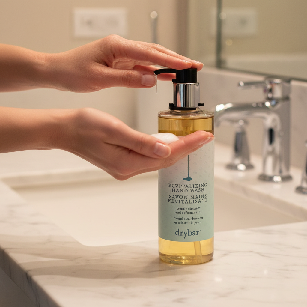 Hands using Drybar Revitalizing Hand Wash at marble sink — luxury hotel hand soap