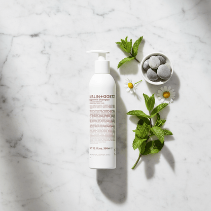 MALIN+GOETZ Shampoo flat lay with minimalist New York styling