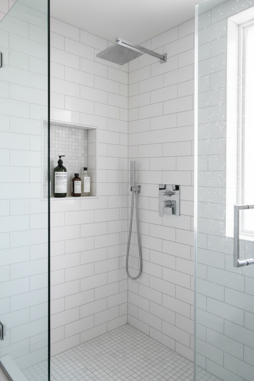 Malin+Goetz Peppermint Body Wash in modern shower white tiles chrome fixtures - cooling body care