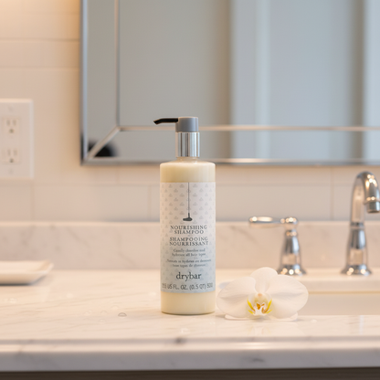 Drybar Nourishing Shampoo on marble hotel vanity — five-star hotel hair care