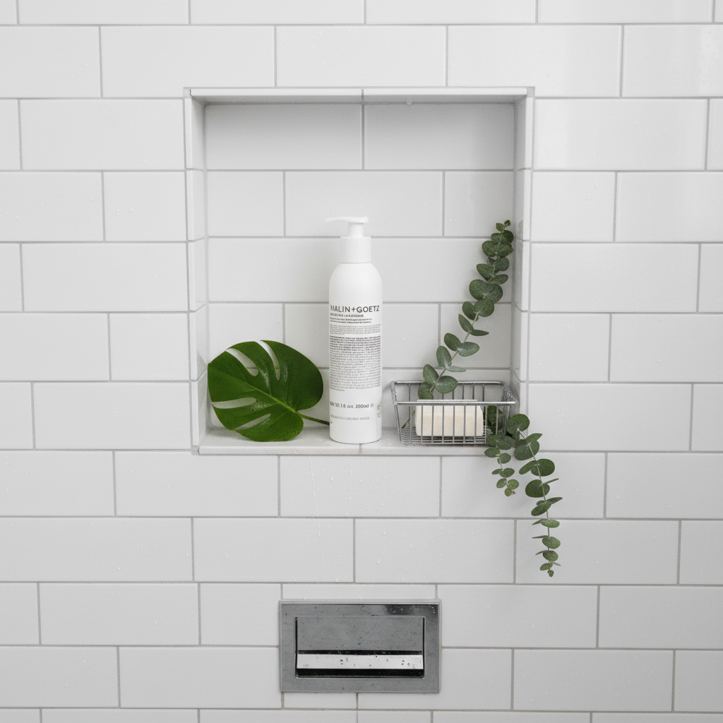 Malin+Goetz Peppermint Conditioner overhead shot in shower niche white tiles - cooling hair care