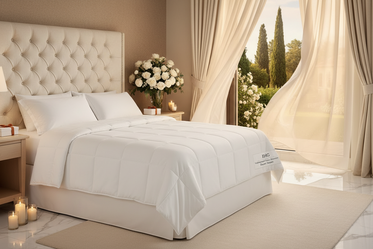 IHG white duvet insert in Italian villa bridal suite with white roses and candlelight - luxury wedding gift bedding