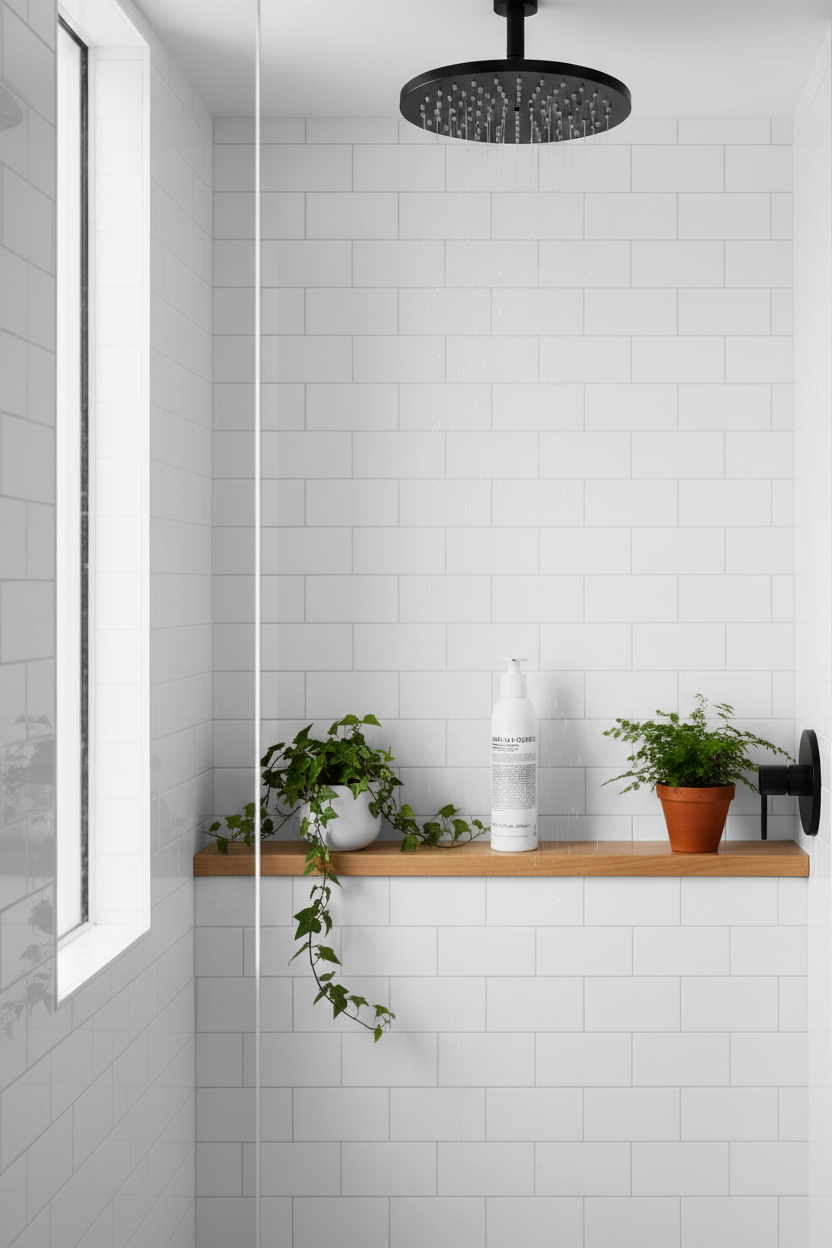 Malin+Goetz Peppermint Shampoo on modern bathroom shelf natural wood green plants - New York apothecary style