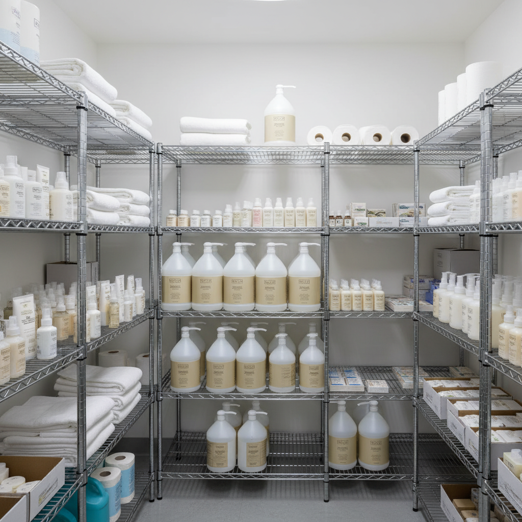 Guild+Pepper Body Wash 1 Gallon in luxury hotel storage room with organized shelving