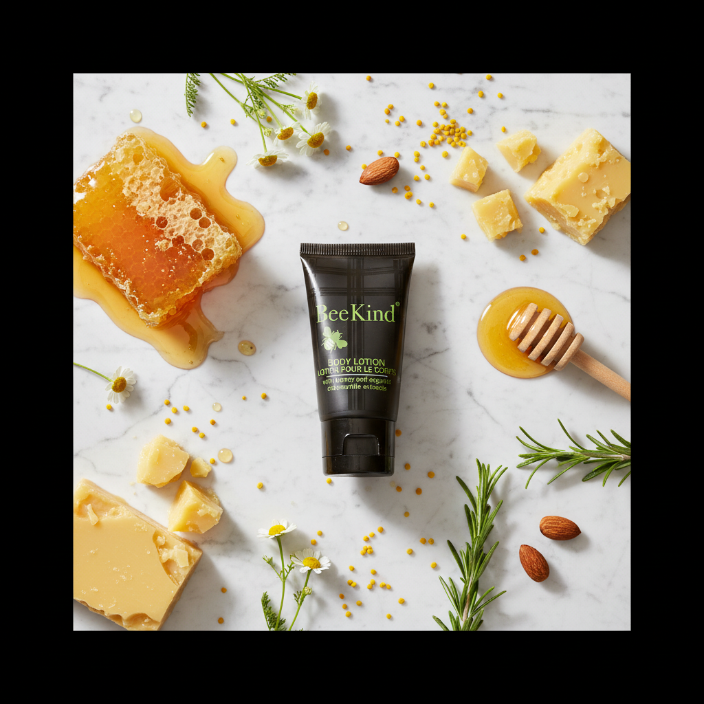 Bee Kind Body Lotion Travel Size - luxury hotel body lotion on marble flat lay with honeycomb and honey elements