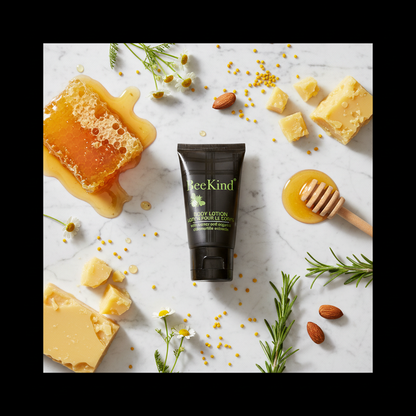 Bee Kind Body Lotion Travel Size - luxury hotel body lotion on marble flat lay with honeycomb and honey elements