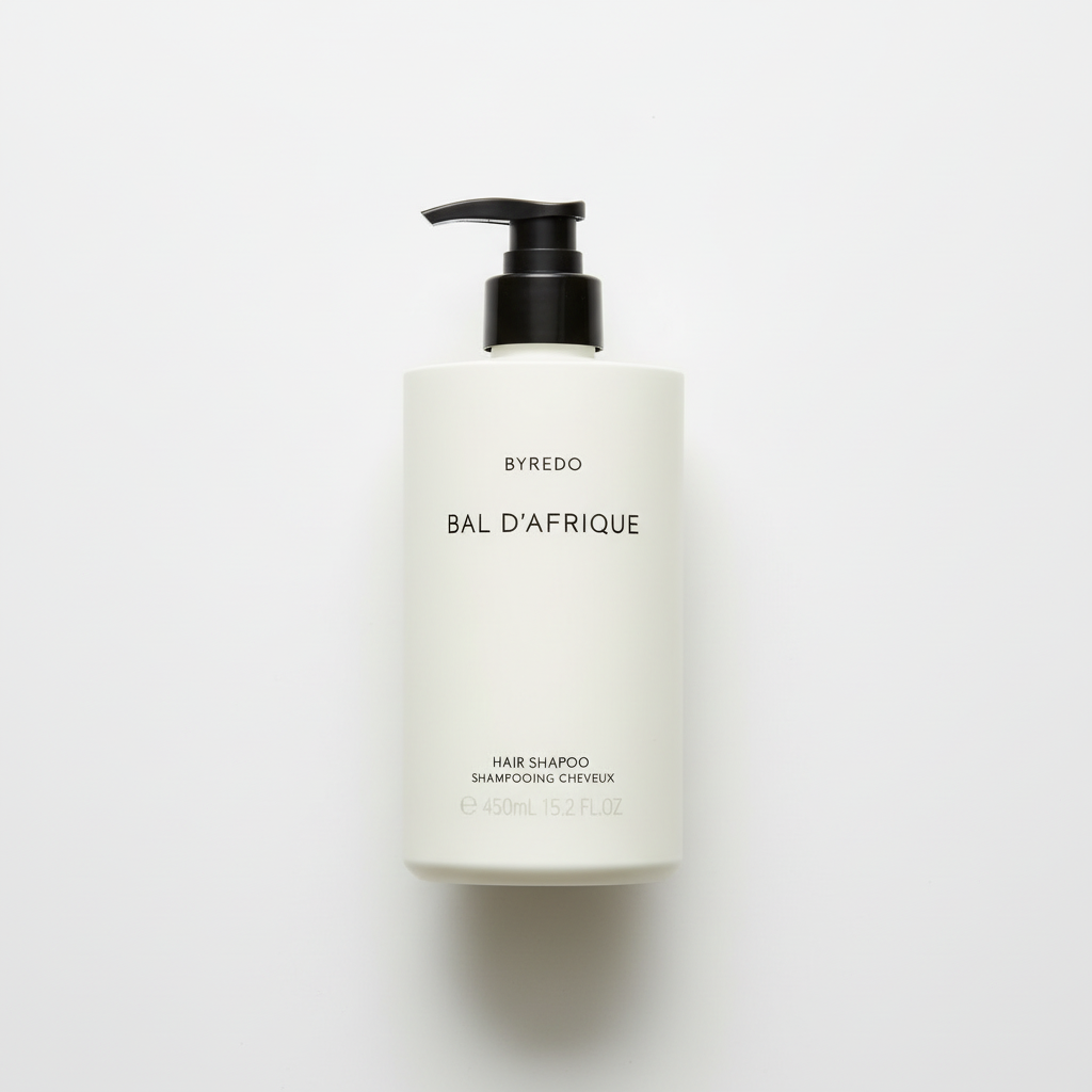 Byredo Bal D'Afrique Shampoo bottle close-up showing Swedish luxury hair care packaging label details African-inspired fragrance