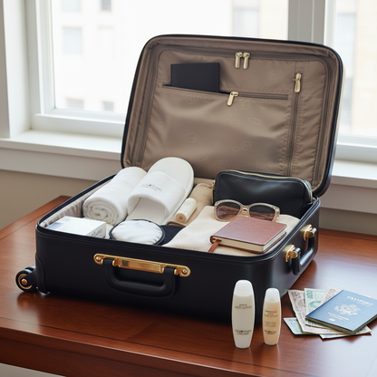 Omni Resort Body Lotion Travel Size with suitcase and travel essentials - perfect for travel