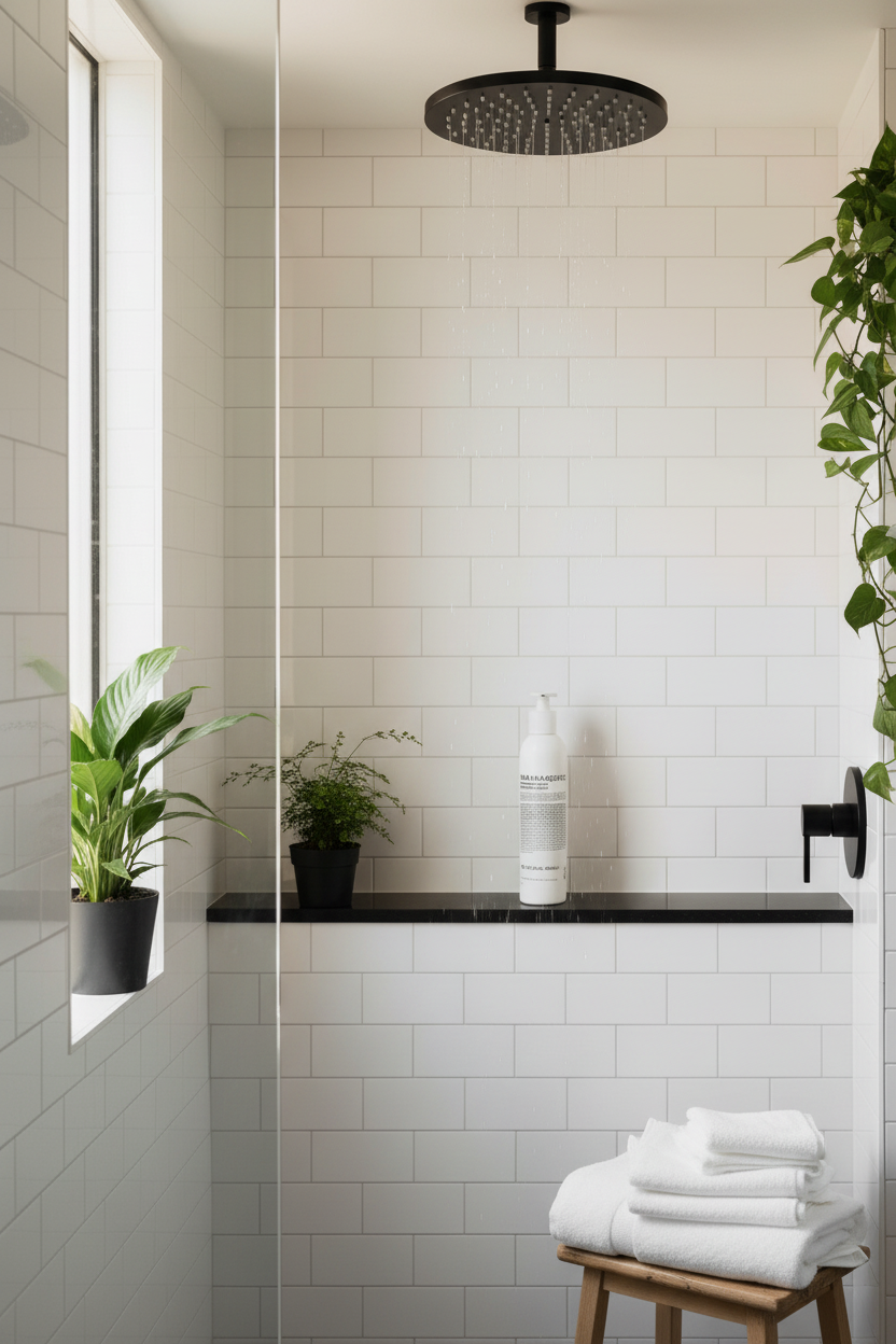 Malin+Goetz Peppermint Body Wash on bathtub edge with green plants white towels - New York apothecary spa