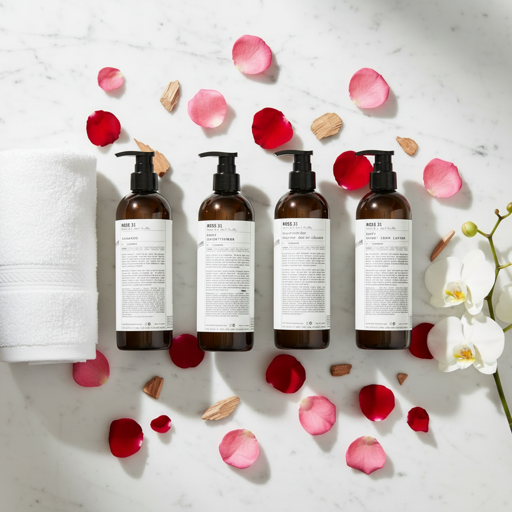Le Labo Rose 31 Bath Set - flat lay with all 4 bottles and vibrant rose petals on marble