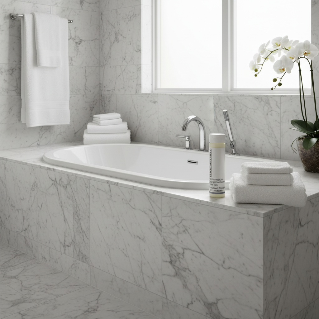 Paul Mitchell Conditioner on edge of luxury soaking tub with marble bathroom