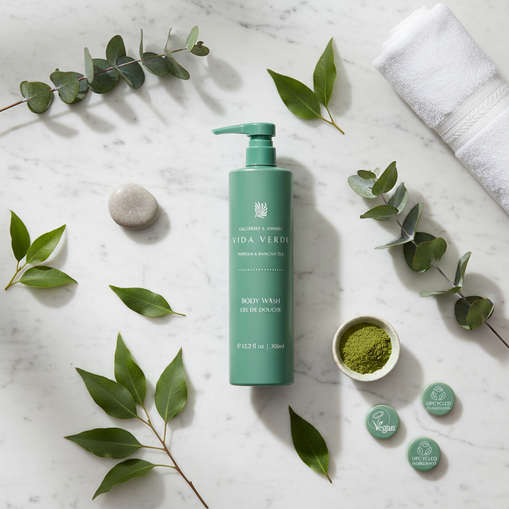 Vida Verde Body Wash - luxury hotel body wash on marble flat lay with fresh botanical leaves and eucalyptus