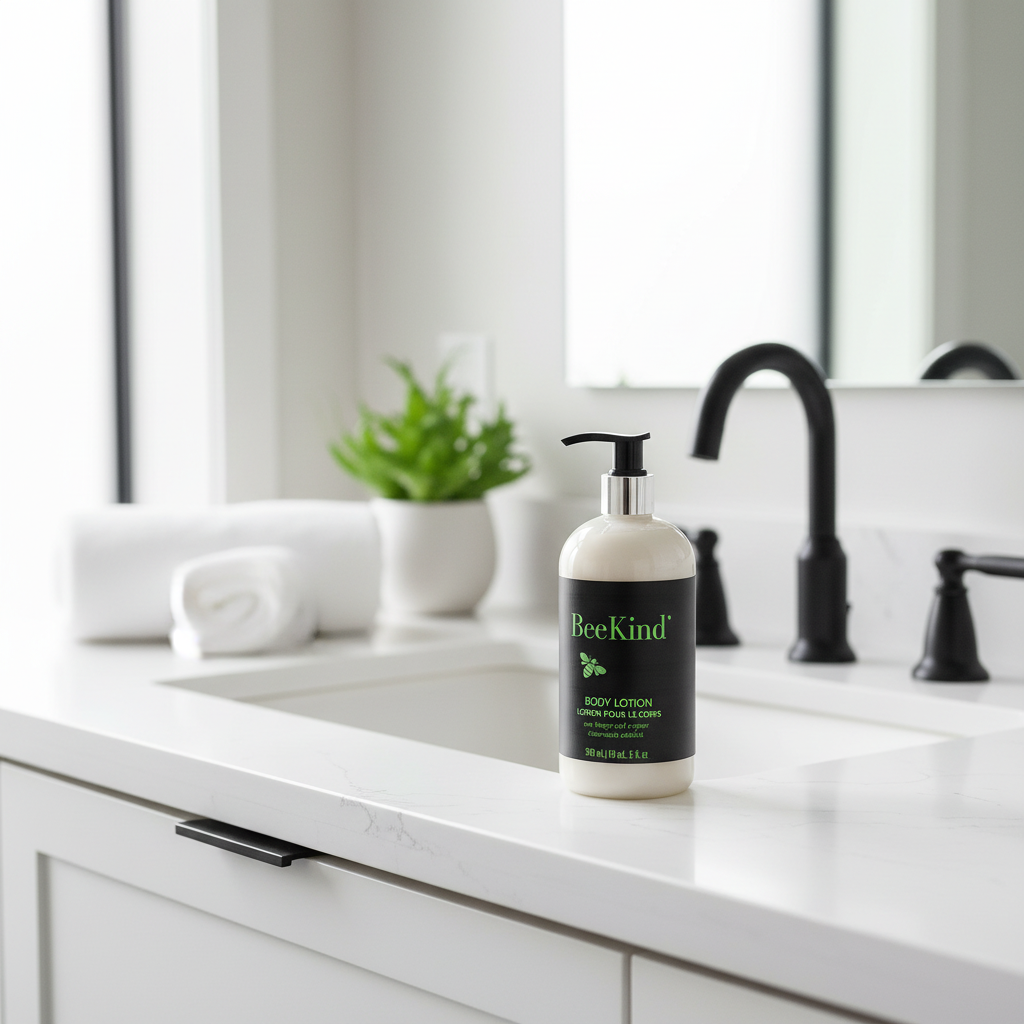 Bee Kind Body Lotion on modern minimalist bathroom vanity with matte black fixtures