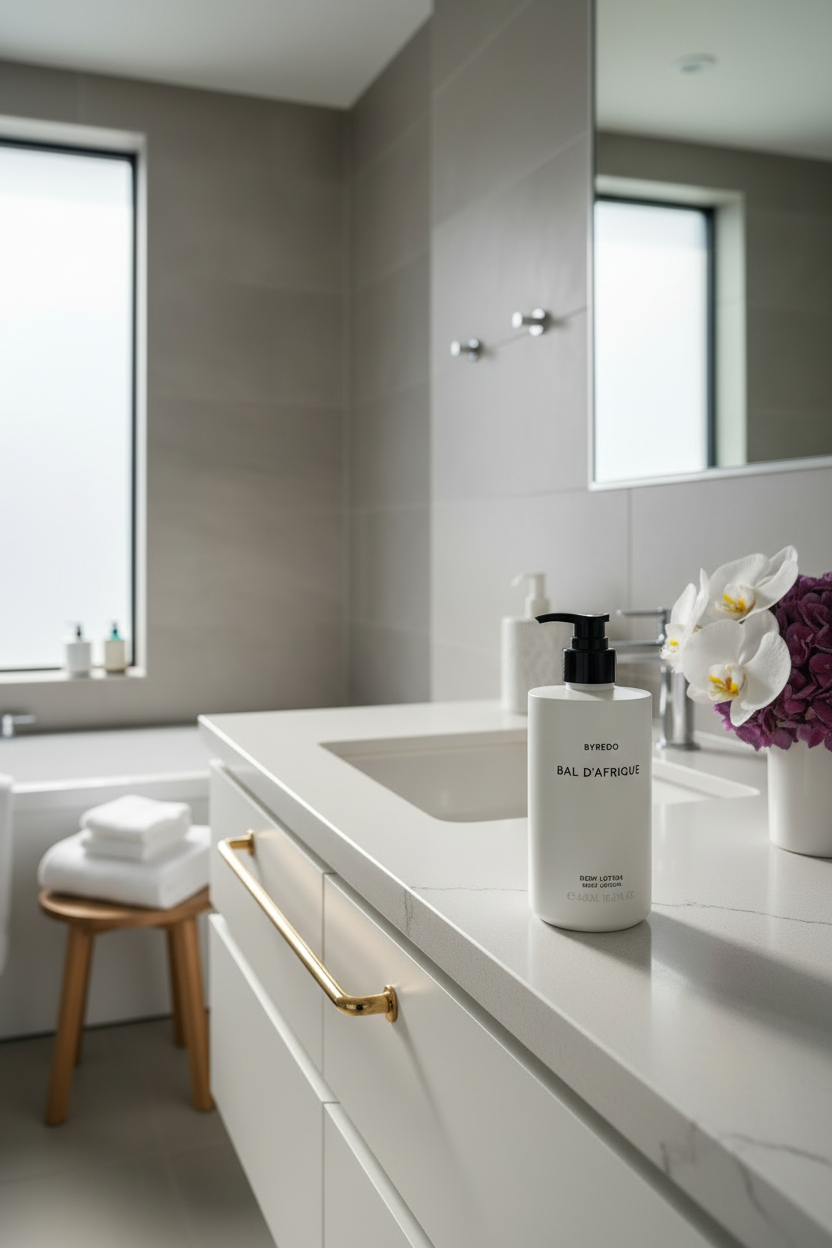 Byredo Bal D'Afrique Body Lotion on luxury hotel bathroom vanity marble countertop gold fixtures - spa body care