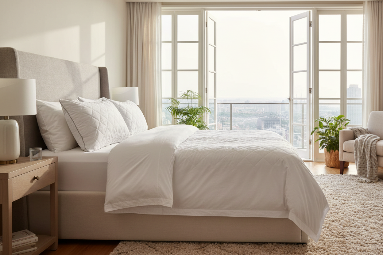 Diamond Gusset Pillow in hotel-inspired home bedroom - bring luxury hotel comfort home