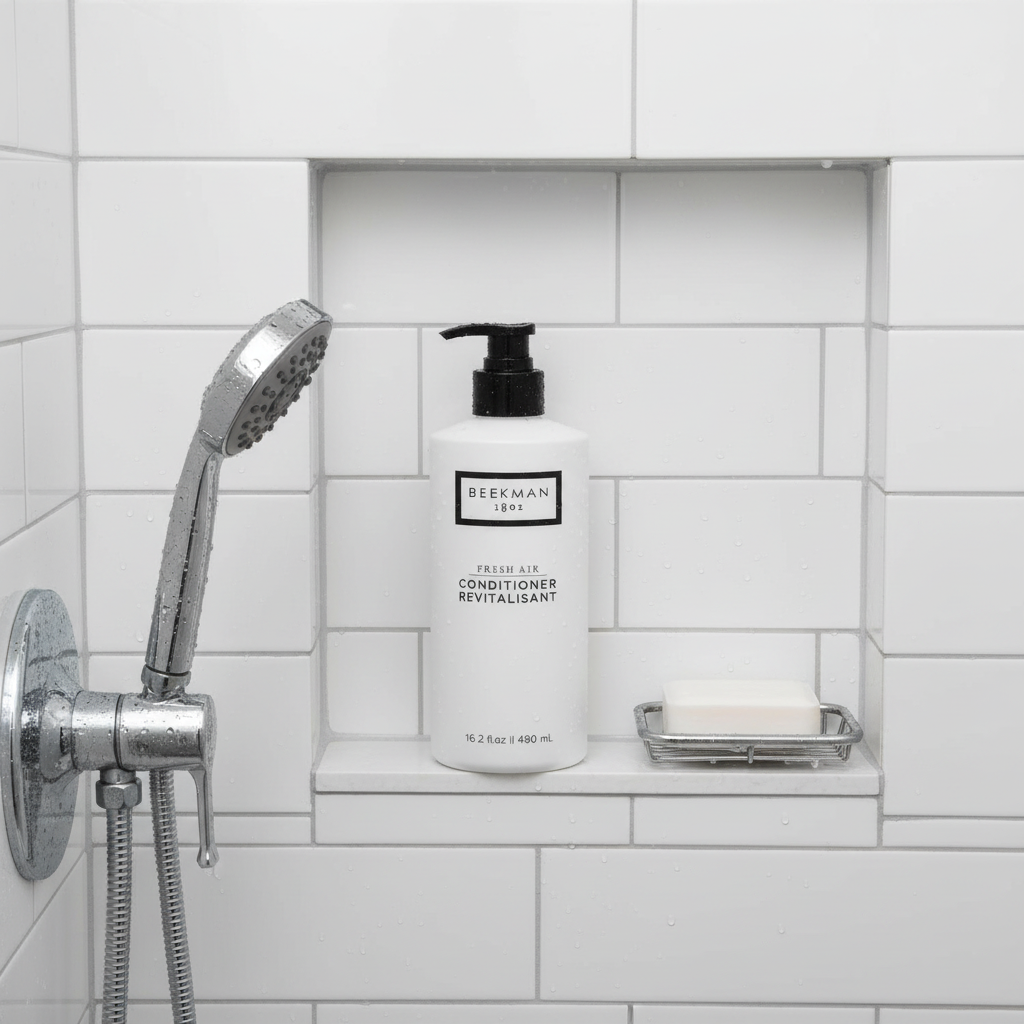 Beekman 1802 Fresh Air Conditioner overhead shot white bottle in modern shower niche white tiles - premium goat milk conditioner